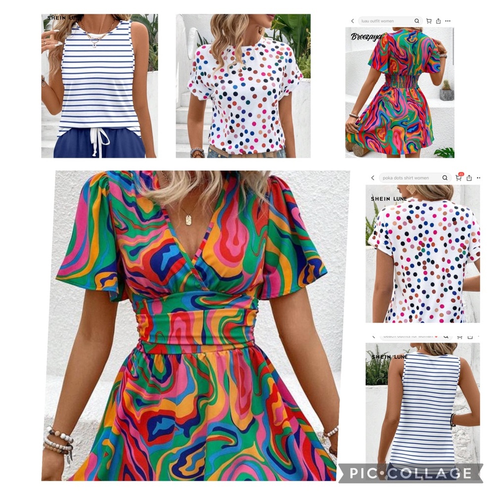 SHEIN bundle. Large Colorful Midi Dress, Polka dot shirt, blue/white short set!